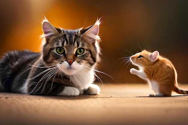 Un gato y un ratón se miran