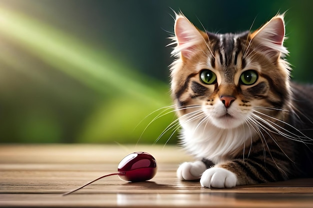 Un gato con un ratón sobre una mesa de madera.