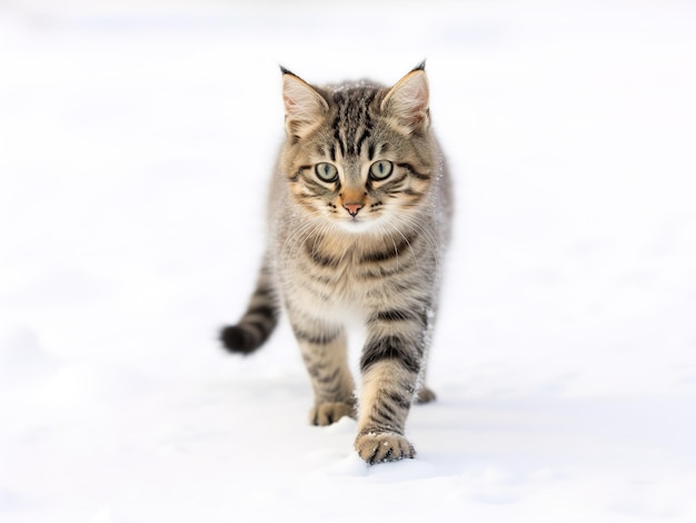 Gato rayado gris caminando sobre la nieve