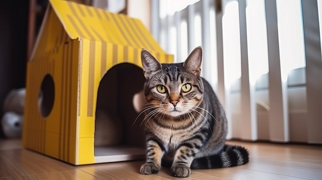 Gato rayado con ojos amarillos en su casa de cartón