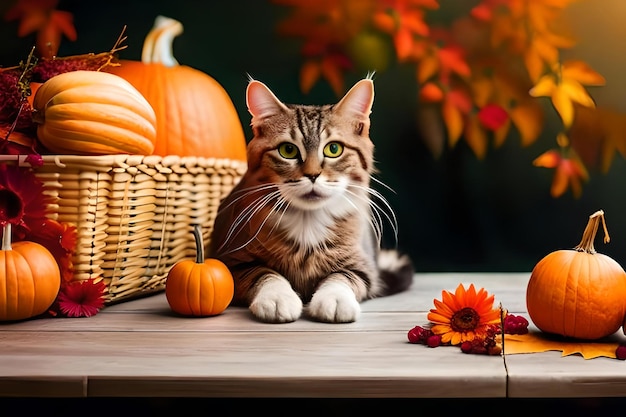 Un gato rayado se sienta en una mesa entre calabazas y una canasta de flores de otoño.