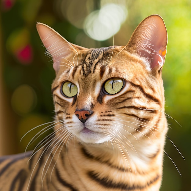 Un gato con rayas en la cara y un fondo verde detrás.