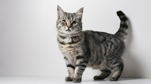 Foto gato de raza mixta despojado de gris de pie aislado en blanco