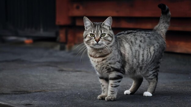 Foto gato de raza mixta despojado de gris de pie aislado en blanco