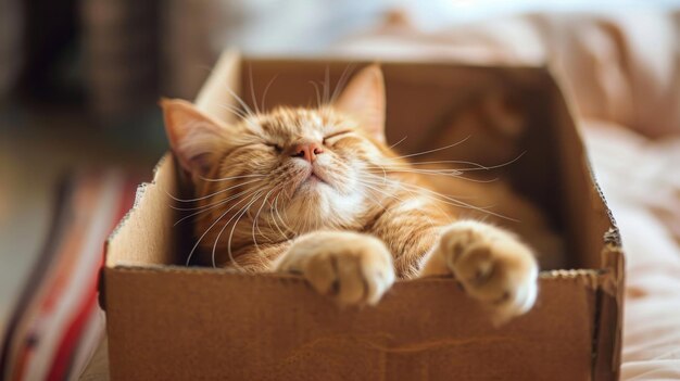 Gato redondo descansando preguiçosamente em uma caixa de papelão suas bochechas gordinhas e comportamento relaxado exalando pura satisfação