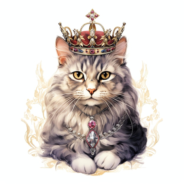 Gato régio em uma coroa real posando como ilustração em estilo aquarela Kitty Royalty para