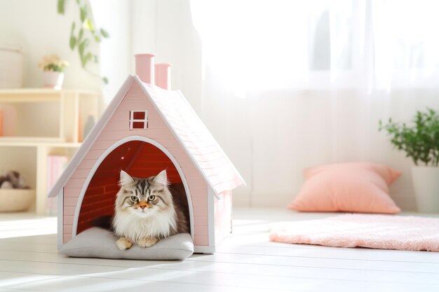 Foto el gato se relaja en la casa del gato.