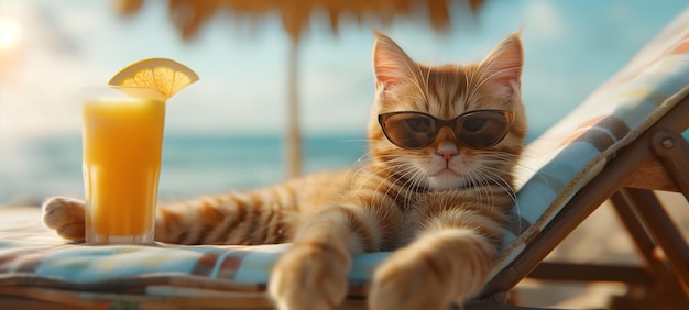 Gato relajado con gafas de sol descansando con un vaso de jugo de naranja