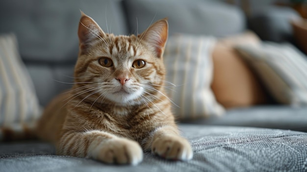 Gato relajándose en el sofá con almohadas