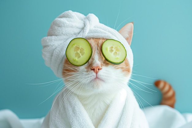 Gato relajándose en el spa con rebanadas de pepino en los ojos Gato lindo en bata de baño y turbante en tratamientos de spa después del baño Procedimientos de belleza concepto de relajación de bienestar Tratamiento de mascotas domésticas