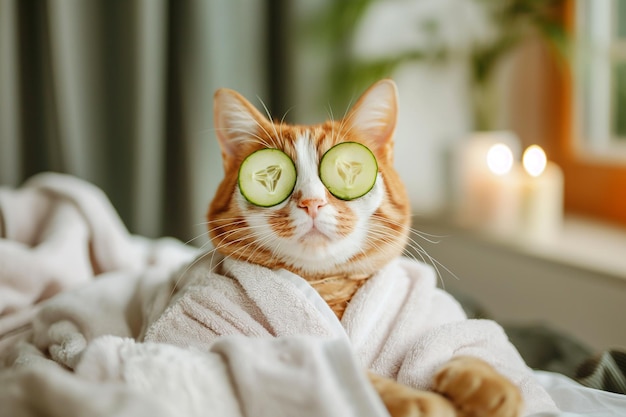 Foto gato relajándose en el spa con rebanadas de pepino en los ojos gato lindo en una bata de baño y turbante en tratamientos de spa procedimientos de belleza bienestar belleza concepto de relajación cuidado de mascotas tratamiento de animales domésticos