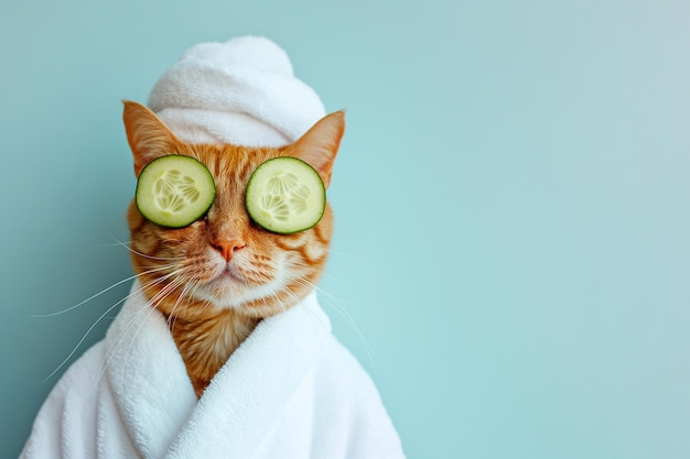 Gato relajándose en el spa con rebanadas de pepino en los ojos Gato lindo en una bata de baño y turbante en tratamientos de spa Procedimientos de belleza bienestar belleza concepto de relajación cuidado de mascotas tratamiento de animales domésticos