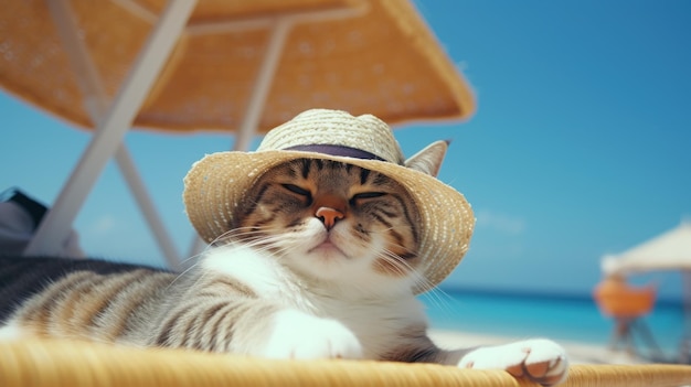 Gato relajante tomando el sol en la playa generada por la IA