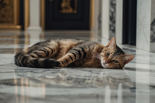 gato relaxando no chão de mármore