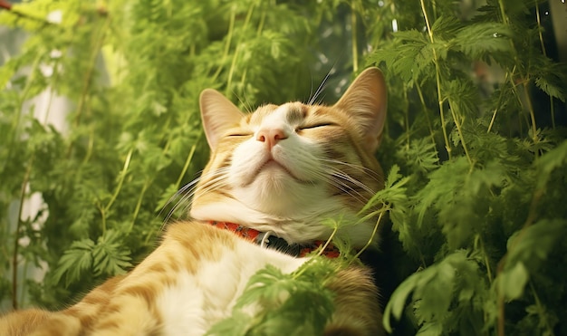 Foto gato relaxando no jardim com folhas verdes no fundo da parede