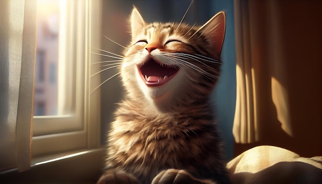 Foto gato rindo rosto surpreso expressão wow gato cara engraçada com a boca aberta bonito ginger gato emocionado surpreso e dizendo wow gato feliz meow wow ilustração de ia generativa