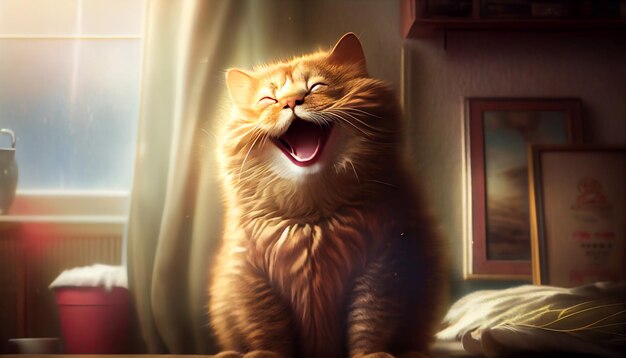 gato rindo rosto surpreso expressão wow gato cara engraçada com a boca aberta bonito ginger gato emocionado surpreso e dizendo wow gato feliz meow wow ilustração de IA generativa