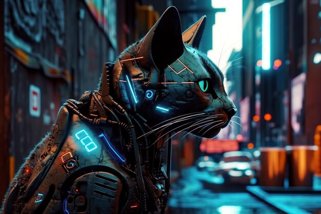 Gato robot cyborg en la calle de la ciudad nocturna de uture en estilo cyberpunk con luz de neón Ilustración de IA generativa