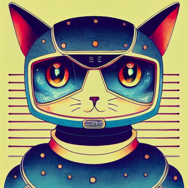 Gato robot en ilustración digital. Un retrato de gato curioso robótico futurista. Un personaje de gato si-fi