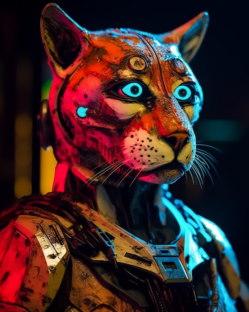 Un gato robot con ojos azules se para frente a una luz roja