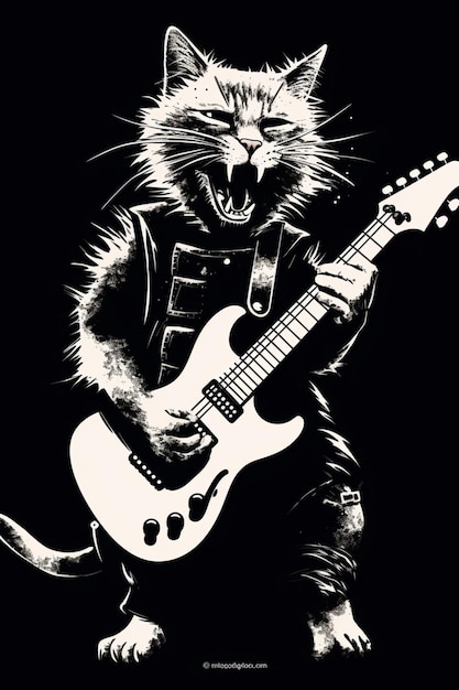 Foto gato rockstar engraçado tocando baixo com fundo preto