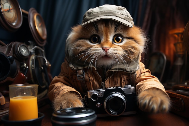 El gato rojo con la cámara del fotógrafo