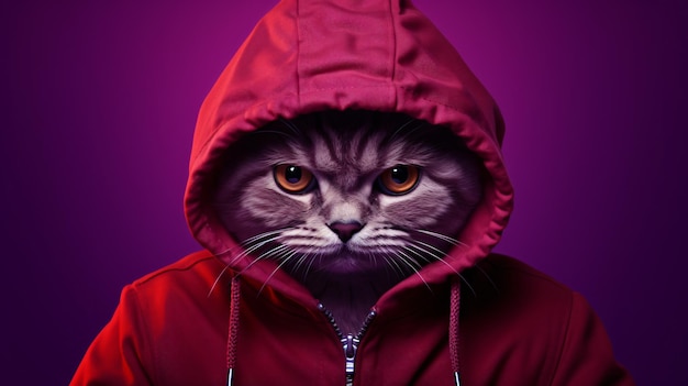 Foto gato rojo con capucha sobre un fondo púrpura