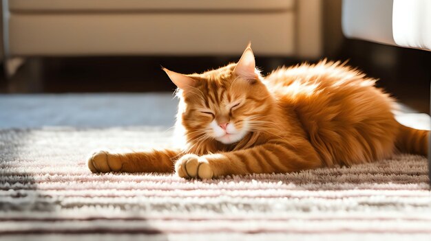 Un gato rojo estirándose perezosamente en una alfombra de peluche