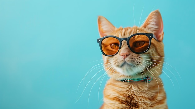 Un gato rojo con gafas de sol está mirando a la cámara con una expresión seria