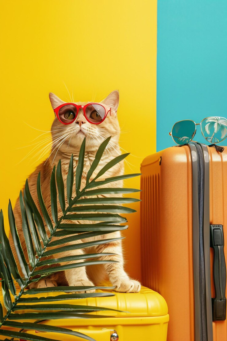 El gato rojo con gafas de sol se está preparando para las vacaciones de verano.