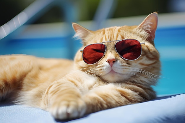 Foto un gato rojo con gafas de sol se sienta cerca de la piscina generada por ia