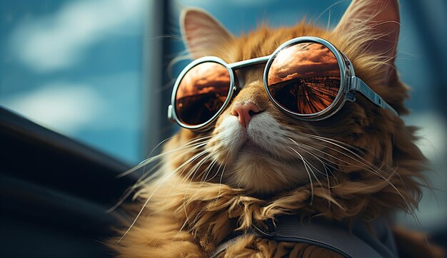 Foto gato rojo con gafas de sol sobre un fondo azul