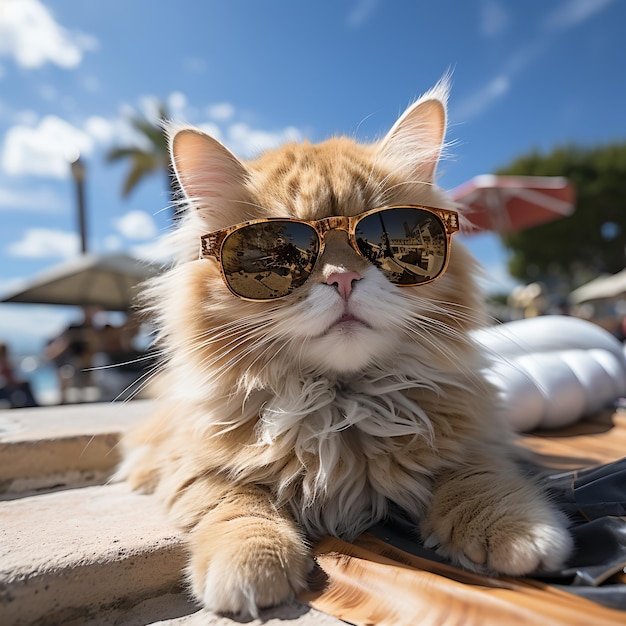 Un gato rojo con gafas de sol.