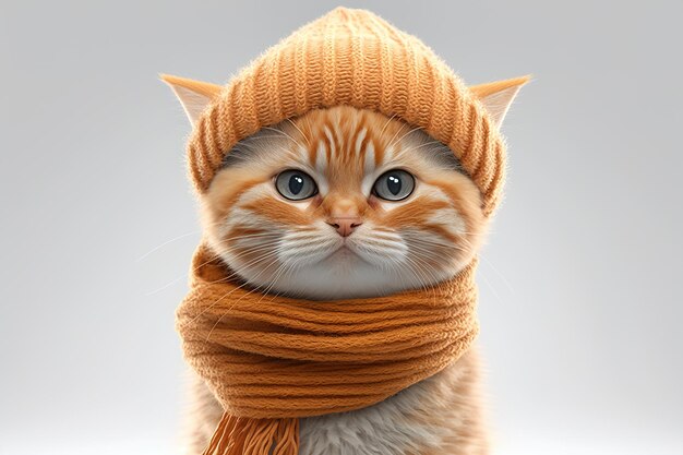 Gato rojo con gorro de invierno y bufanda en un planspring blanco IA generativa