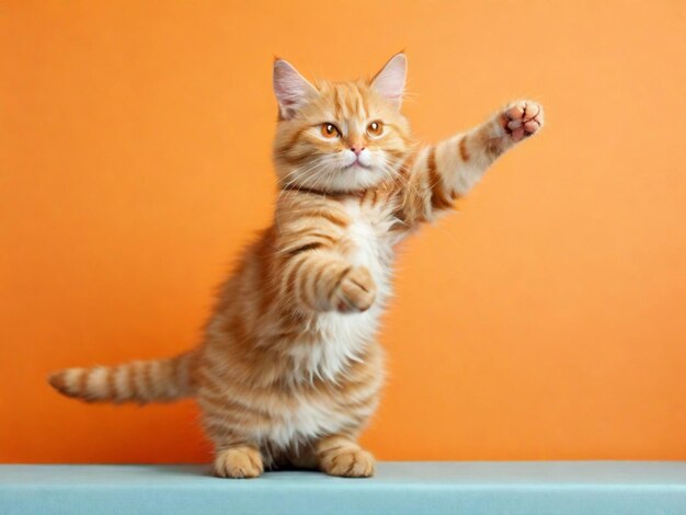 Gato rojo gracioso con las patas delanteras levantadas sobre un fondo naranja