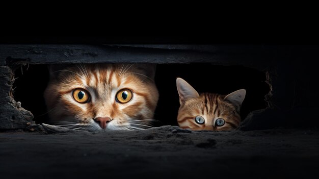 Foto gato rojo sin hogar observando desde un agujero del sótano con curiosidad