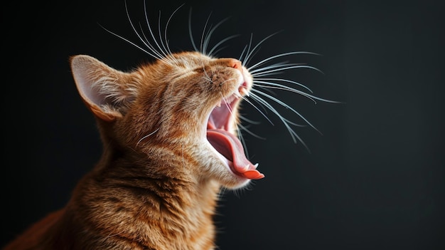 El gato rojo de jengibre bostezando sobre un fondo negro