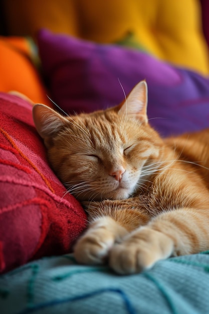 Gato rojo leniente durmiendo en una pila de almohadas de colores