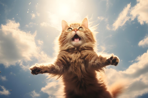 Gato rojo lindo saltando en el fondo del cielo Gato peludo