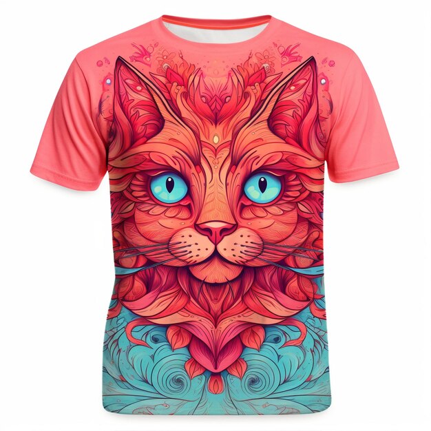 Un gato rojo con un ojo azul está impreso en una camisa rosa.