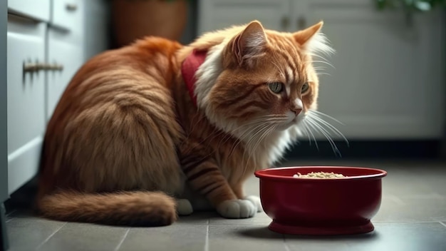 Gato rojo con un plato de comida IA generativa