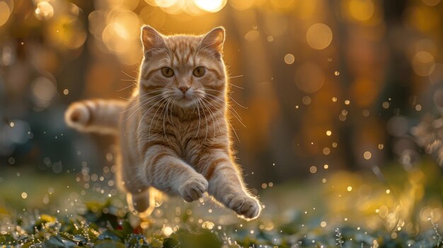 Foto el gato rojo está saltando en la hierba verde o bailando