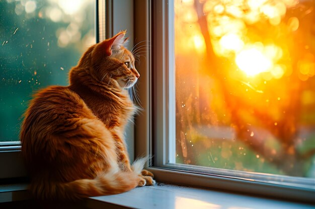 gato rojo sentado en un alféizar de la ventana y mirando hacia afuera en una tormenta