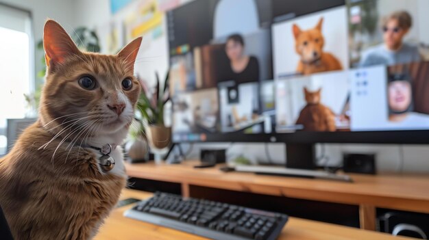 Foto un gato rojo está sentado en un escritorio frente a un monitor de computadora el gato está mirando a la cámara con una expresión curiosa en su cara