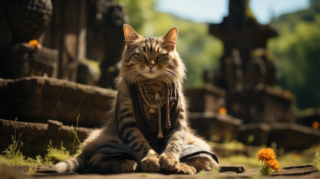 Un gato rojo se sienta en el suelo frente a un templo