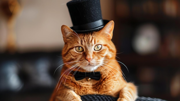 Un gato rojo con un sombrero negro y una corbata de papagaio está sentado en una silla de cuero marrón El gato está mirando a la cámara con una expresión seria