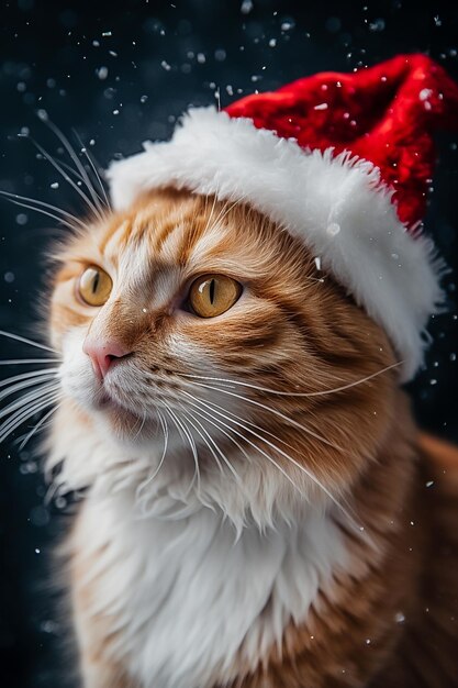 Un gato rojo con un sombrero de Papá Noel se alegra en la nieve de Navidad foto vertical generada por ai