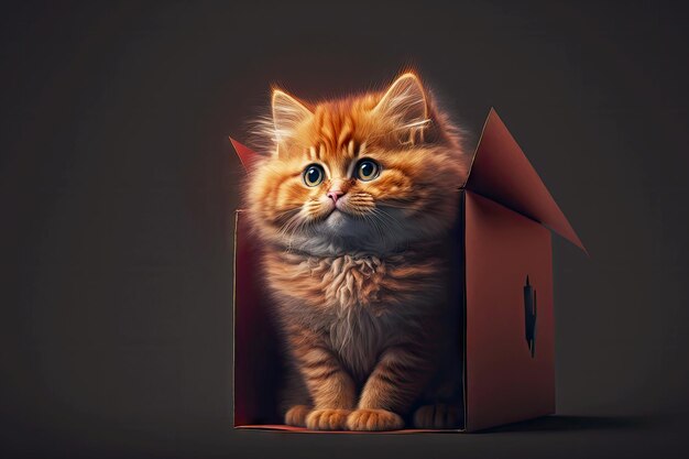 Un gato rojo sonriente que parece una bola esponjosa se sienta en una caja de cartón en un fondo oscuro