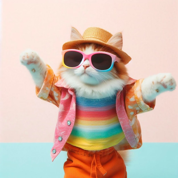 Gato con ropa de colores y gafas de sol bailando en el fondo pastel
