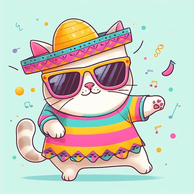 Foto gato con ropa de colores y gafas de sol bailando en el fondo pastel